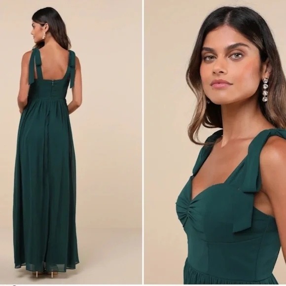 Lulus Radiant Charisma Emerald Chiffon Ruched Tie-Strap Maxi Dress Size M - Picture 8 of 11